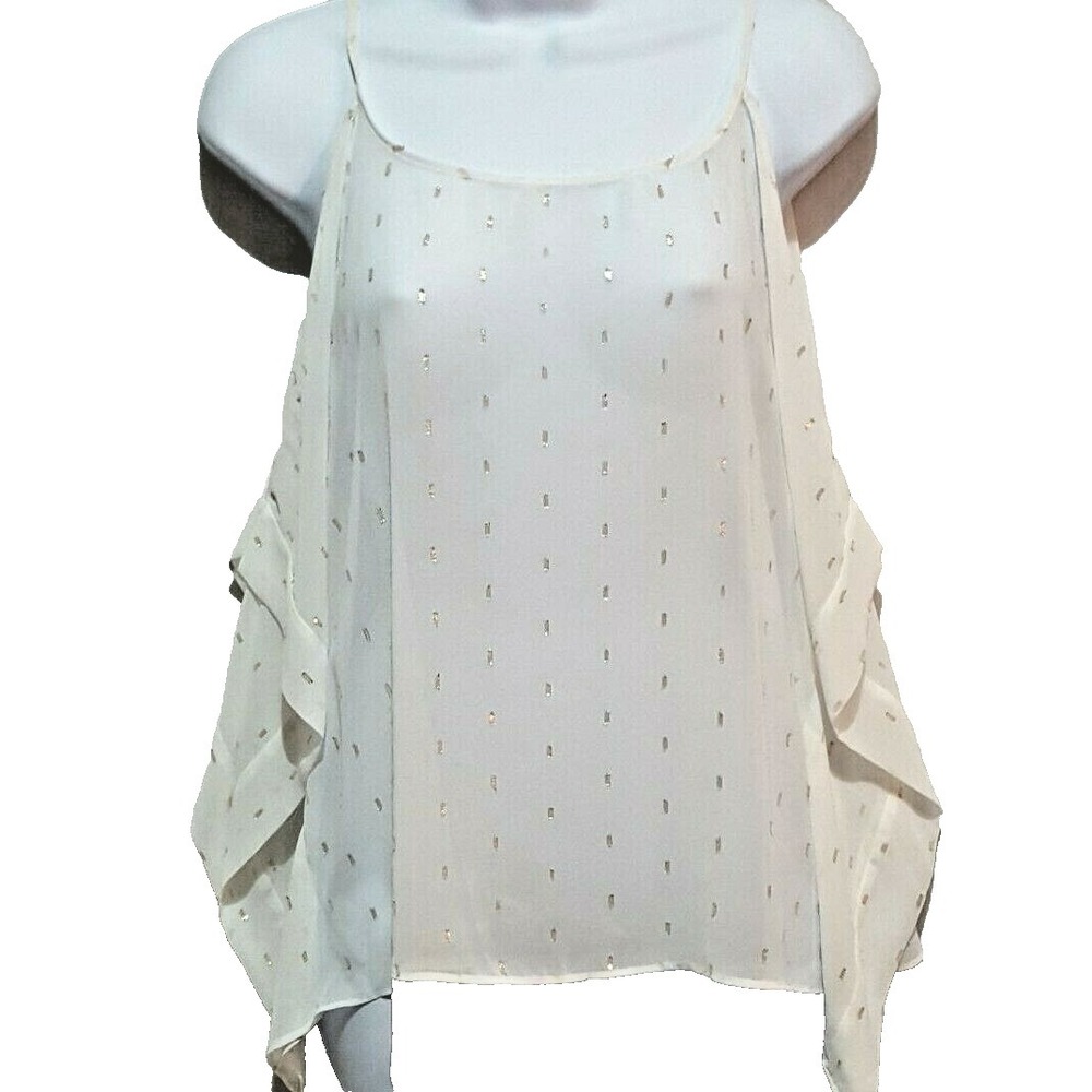 JLO Blouse Size XS Sheer Gold Embellished Cold Shoulder Button Trim Back White